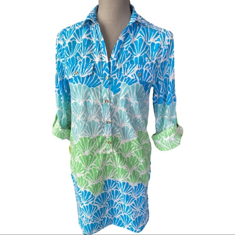 Lilly Pulitzer shirt dress tunic XS button up long sleeve pastels shell print - Picture 6 of 10